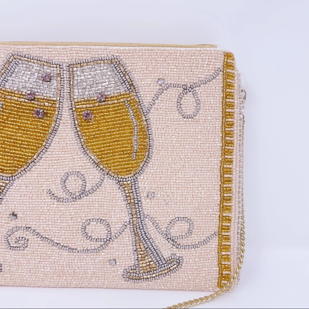 Beaded Champagne Toast Clutch - Cream & Gold